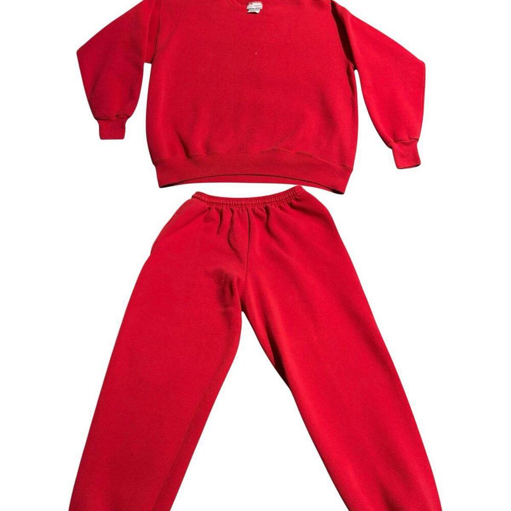 S Vintage 90s USA Made Premium Blank Red Crewneck Sweater Pants Lot Bundle Set